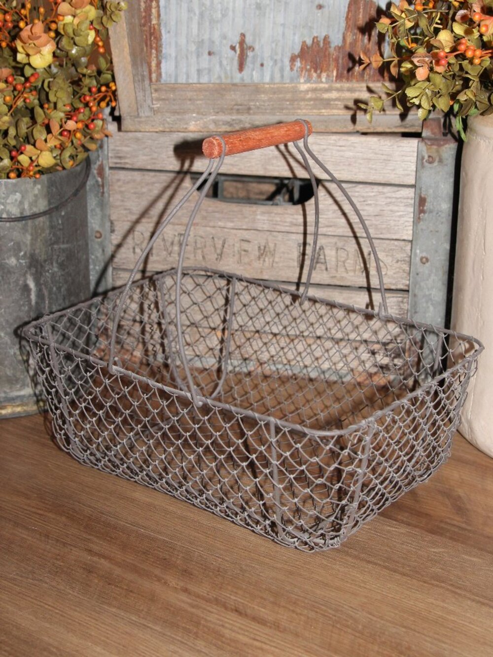Large Rustic French Country Farmhouse Iron Chicken Wire Gathering Basket
